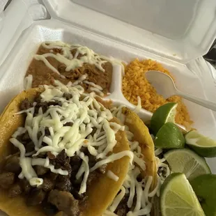 steak tacos, rice and beans