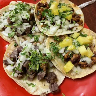 Lengua and pastor tacos