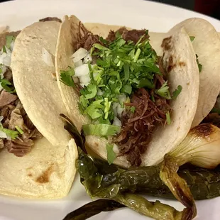 Tacos: carne asada, lingua, barbacoa