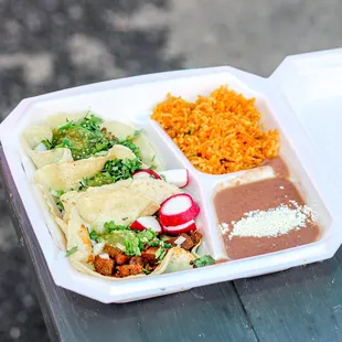 3 tacos (Pastor, Lengua, Carne Asada) with rice and beans IG: michellelieats