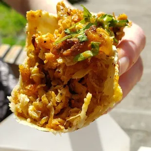 Interior of carnitas taco ($5.50). Tasty. Excellent choice of tofu skins. The chili rojo and asada tacos were my favorites, though.