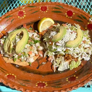 Ceviche and chicken tostadas