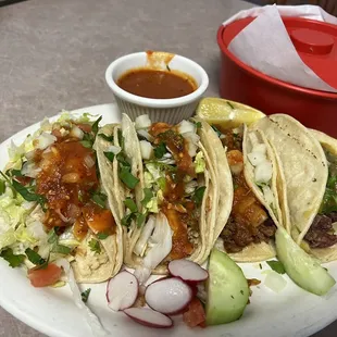 Fish, cabeza, and asada tacos