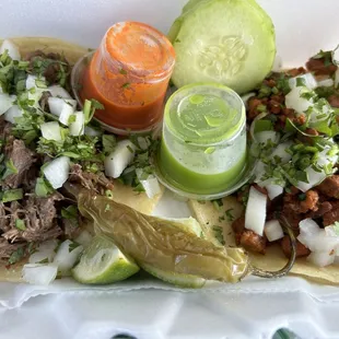 Pork and cabeza tacos.