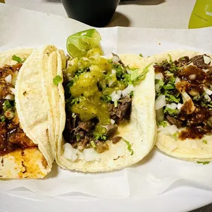 Al pastor (left), lengua (middle), carne Asada (right)