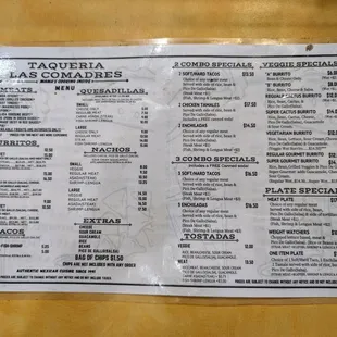 Menu. Page 1 of 2. Meats, Burritos, Tacos, Quesadillas, Nachos, Extras, Combos, Tostadas, Veggie Specials, Plate Specials.