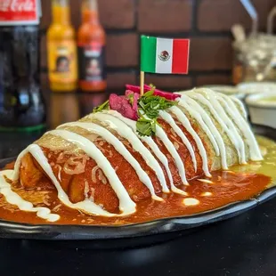 Wet Asada Burrito with red and green sauce