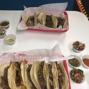 Steak, lamb, al pastor, and carnitas tacos.