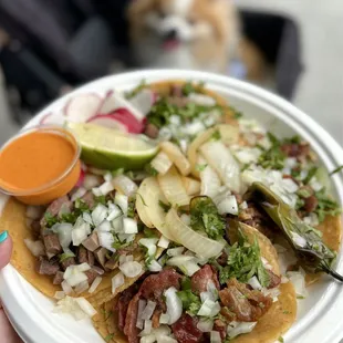 Clockwise: Lengua, suadero, tripas, lengua | $3-$3.50 each (They have five salsas, get the orange salsa!)