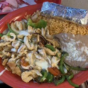 Chicken &amp; Veggies with rice, beans, and tortillas