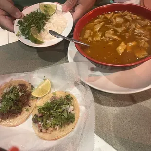 Barbacoa Taco and l Lengua Taco tasted okay. The Menudo was definitely watery(should have read the reviews first)  and had no hominy in it.