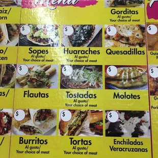 Menu of various authentic Mexican foods