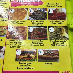 Menu of plates of authentic Mexican food