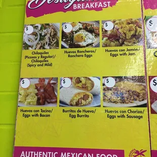 Breakfast menu