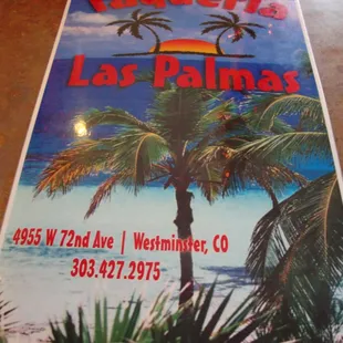 Taqueria Las Palmas II Menu.  January 5th 2014.