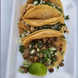 Tacos, two chicken, one beef. Made with no oil. So yummy!