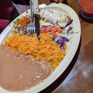 Beef burrito, beef taco, rice, and beans!