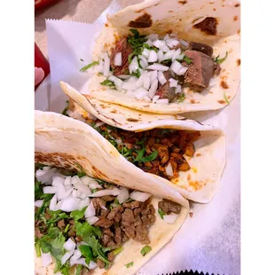 Lengua, Al Pastor, and Carne Asada Tacos