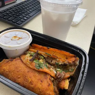 3 Birria Tacos  with 1 Medium Horchata (before)