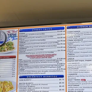 a menu on the wall