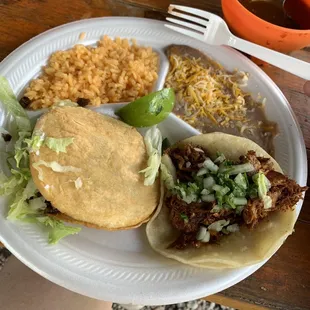 Carne Asada taco with a beef gordita, beans &amp; rice.