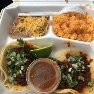 Chorizo tacos with rice and beans