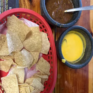 Chips, salsa and cheese dip