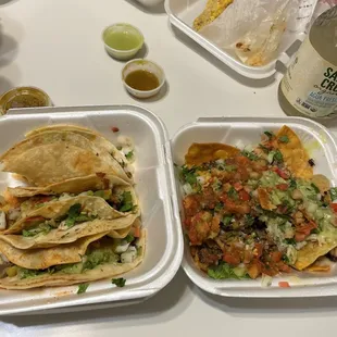 Nachos de Asada, Taco de Carne Asada, Tacos al Pastor, taco Torta de Tripa