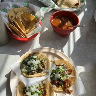 Tacos, chips and salsa, and Gordita in the background