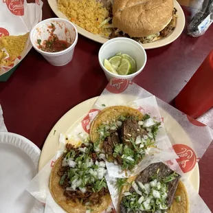 Al pastor tortas dinner, 3 tacos (Cecina Taco, birria, Al Pastor Taco)