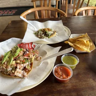 Seafood mexta and carne asada taco.