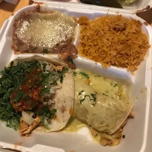 Grilled chicken taco and enchilada with rice and beans
