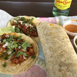Chorizo and eggs burrito and 2 adobada tacos...so good!!!