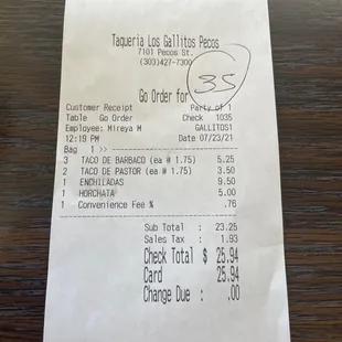 a receipt for a taqueria
