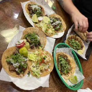 Lengua, shrimp, and chorizo tacos