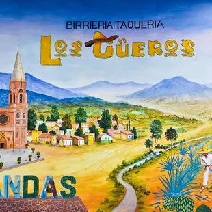 The big mural on the inside wall of Taqueria Los Gueros