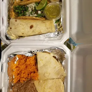 Steak tacos with cilantro &amp; onion.  Bean, rice and cheese burrito.  Combo #2 - steak.