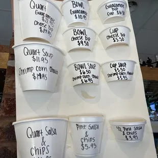 To go sizes &amp; prices for soup/salsa/guacamole/cheese dip