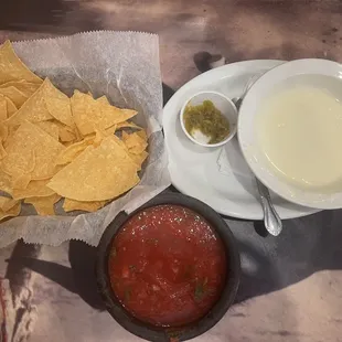Chips, Salsa and Cheese Dip with Jalapeños on the side