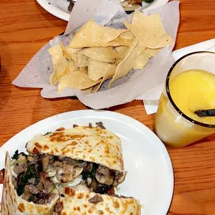 California Quesadilla and steak tacos with mango margarita