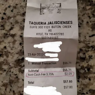 My receipt for skimpy portions and the sneaky fee they didn't mention!