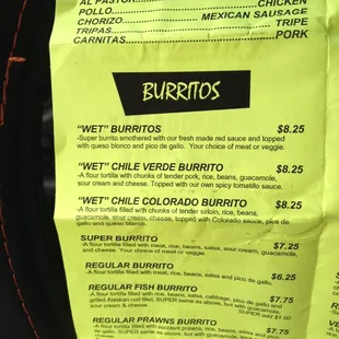 Burrito menu