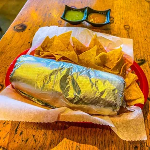 Big Super Burrito with Chips and tasty Salsas