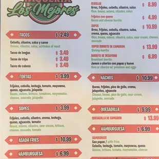 Front side of menu