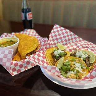 (L) Quesabirria w/broth; (R) 3 tacos (al pastor, carne azada, and chicken)