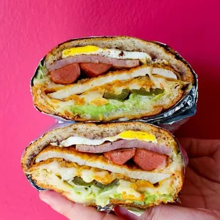 a hand holding a sandwich