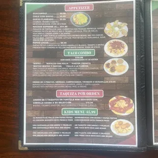 Appetizers, taco combos, taquiza, kids menu