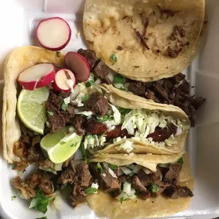 Came a little messy but tasted amazing and fresh and soft, 4 Tacos: Tripas( tripe), pescado( deep fried flounder) ,tongue and cabeza (goat)