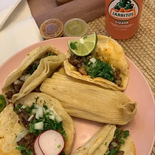 2 asada tacos, 2 al pastor &amp; a tamale verde