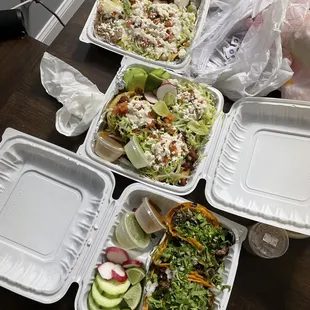 Birria tacos, sopes (al pastor/marinated pork), and flautas